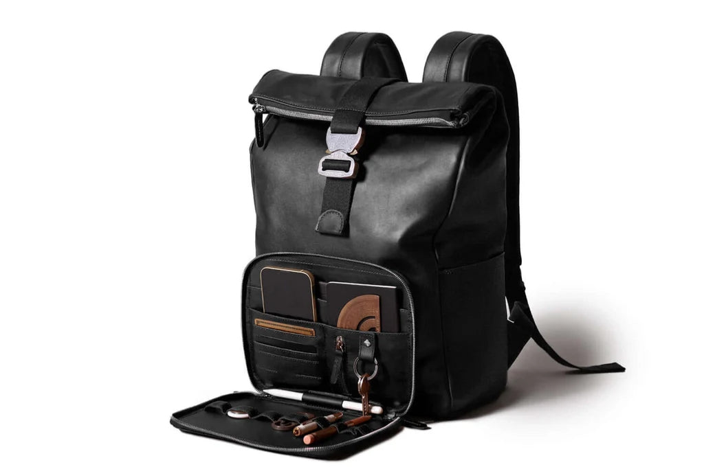 Leather Roll-Top Backpack in Black