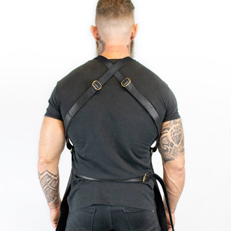 Cross Back Leather Apron - Jet Black