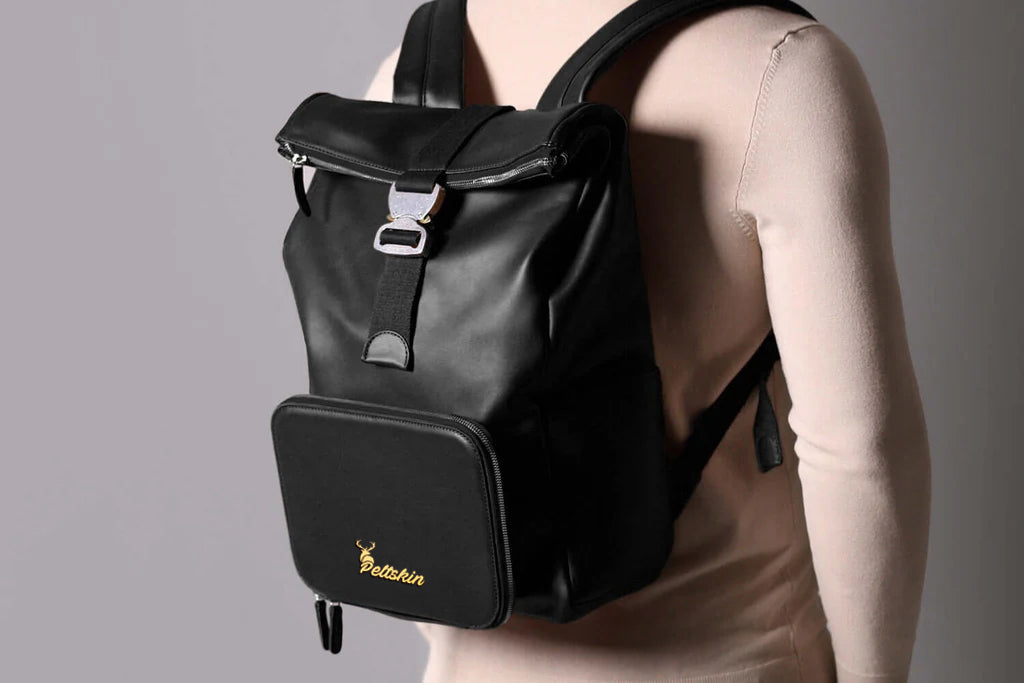 Leather Roll-Top Backpack in Black