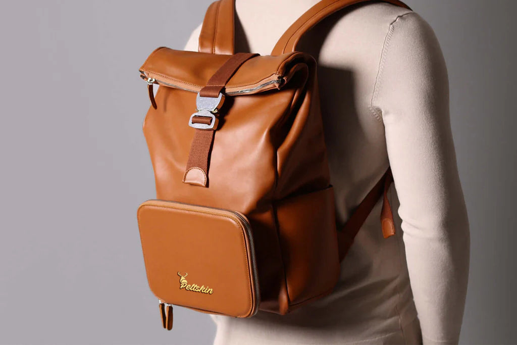 Leather Roll-Top Backpack in Tan