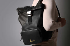 Leather Roll-Top Backpack in Black