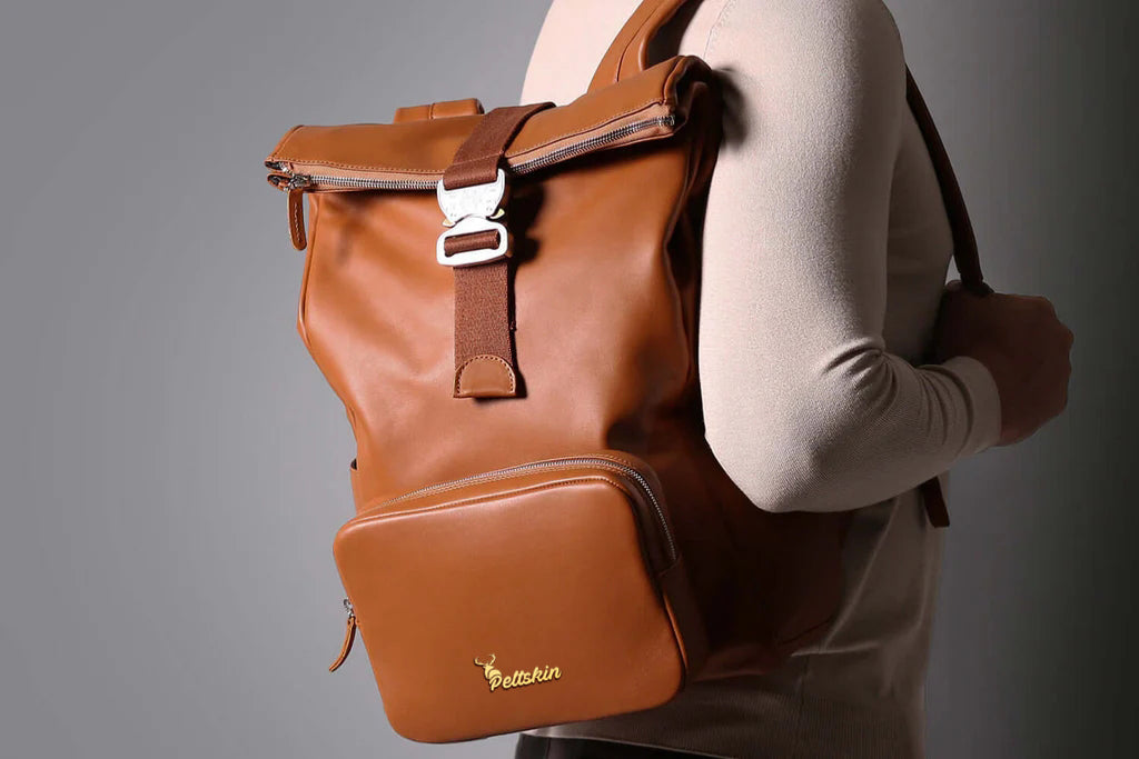 Leather Roll-Top Backpack in Tan