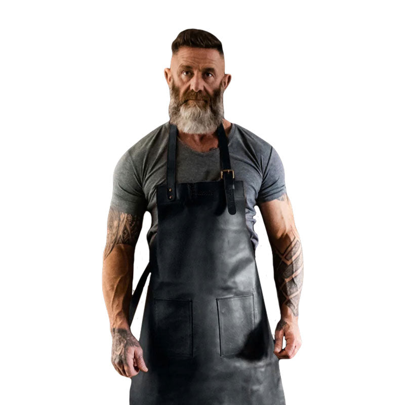 Double Pocket Leather Work Apron - Charcoal Black
