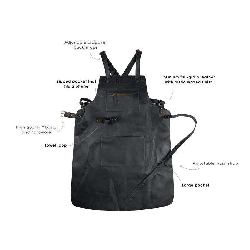 Cross Back Leather Apron - Jet Black
