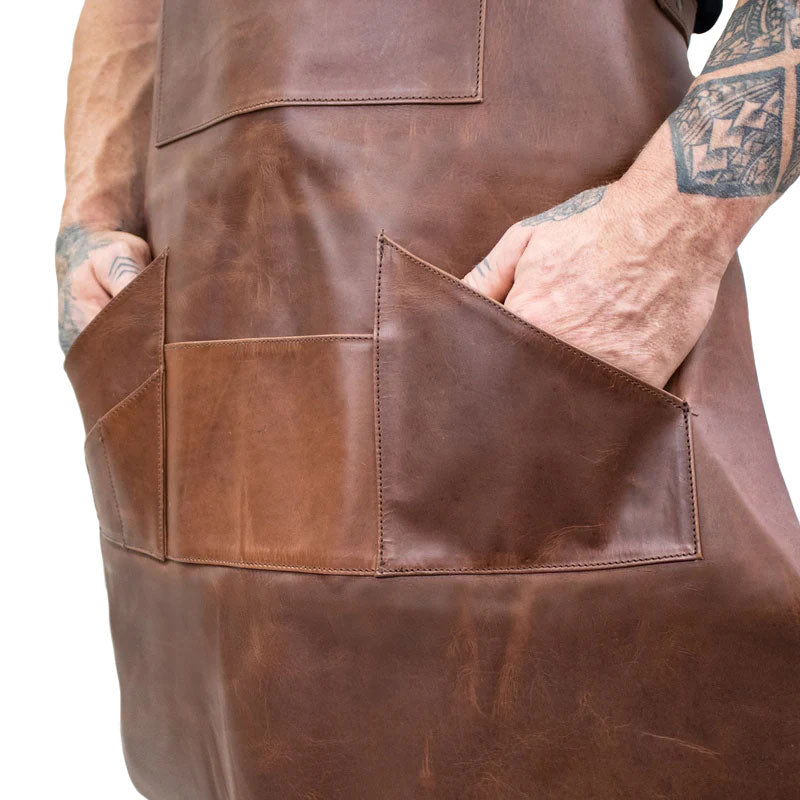 Multi-Pocket Leather Work Apron - Rustic Brown
