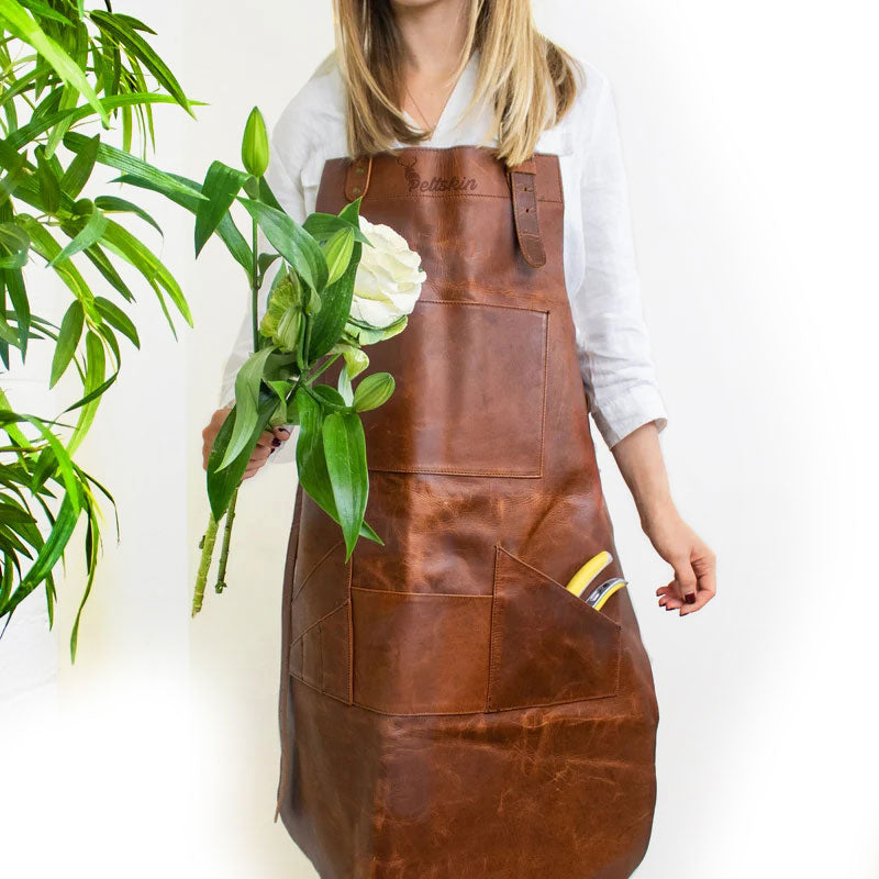Multi-Pocket Leather Work Apron - Rustic Brown