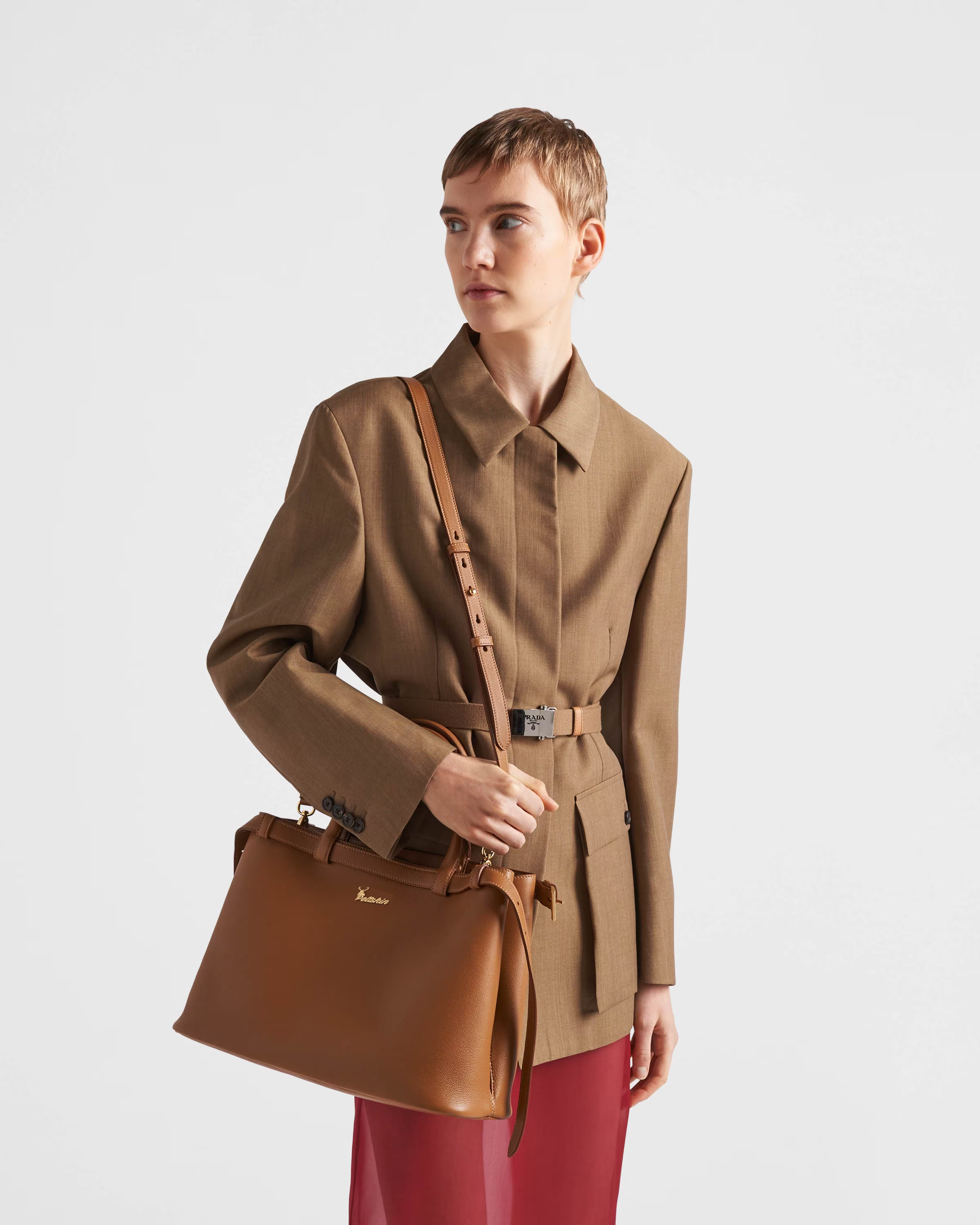 Peltskin Buckle Medium Leather Handbag With Double Belt