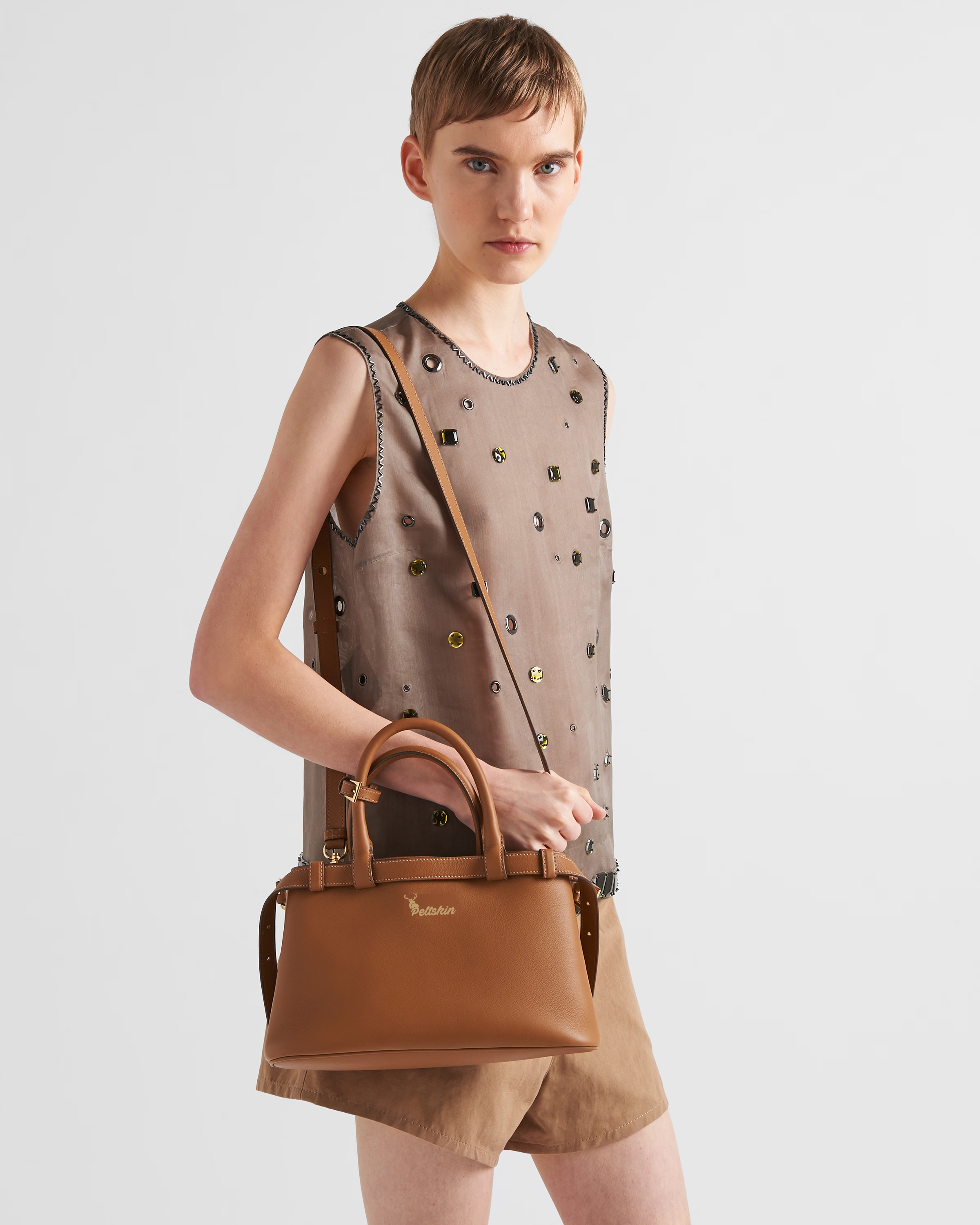 Peltskin Buckle Small Leather Handbag With Double Belt